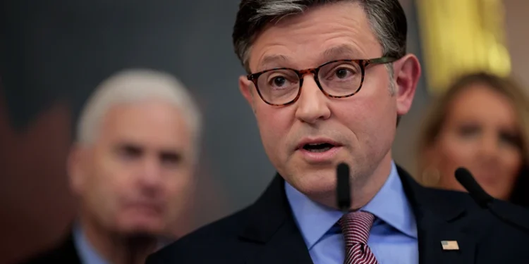 WASHINGTON, DC - OCTOBER 27: Speaker of the House Mike Johnson (R-LA) talks to reporters on the 27th day of the federal government shutdown in the Rayburn Room at the U.S. Capitol on October 27, 2025 in Washington, DC. While keeping his party