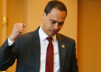 Then-state Del. Jay Jones reacts to the passage of a bill in the gallery of the Senate in the Capitol in Richmond, Virginia, on March 4, 2020.
