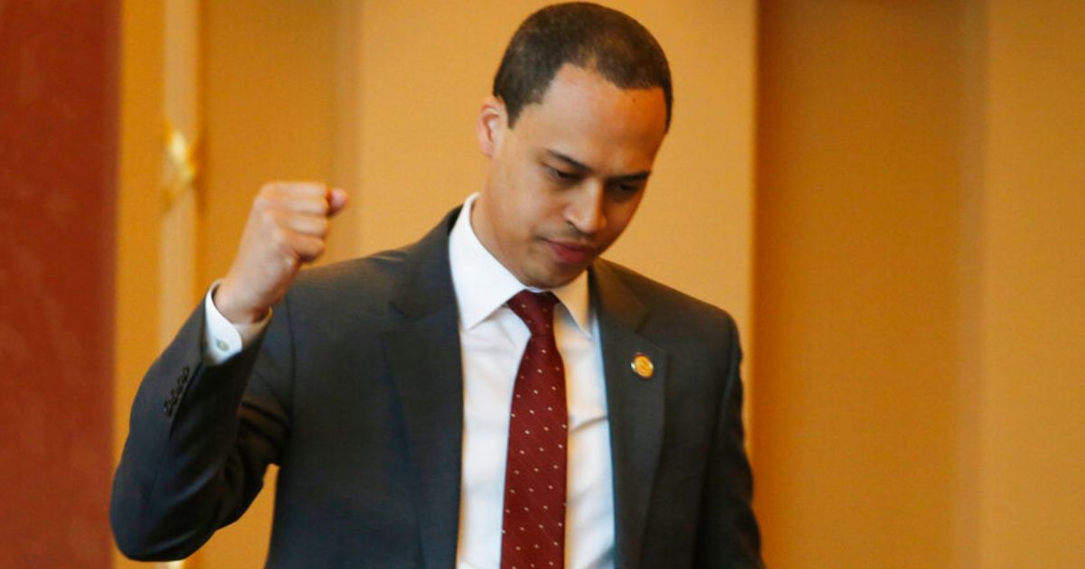 Then-state Del. Jay Jones reacts to the passage of a bill in the gallery of the Senate in the Capitol in Richmond, Virginia, on March 4, 2020.