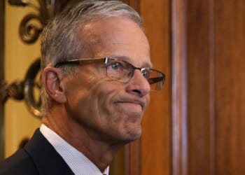 Senate Majority Leader Sen. John Thune, a South Dakota Republican, pauses as he speaks to members of the press Monday outside the Senate chamber at the U.S. Capitol in Washington, D.C.