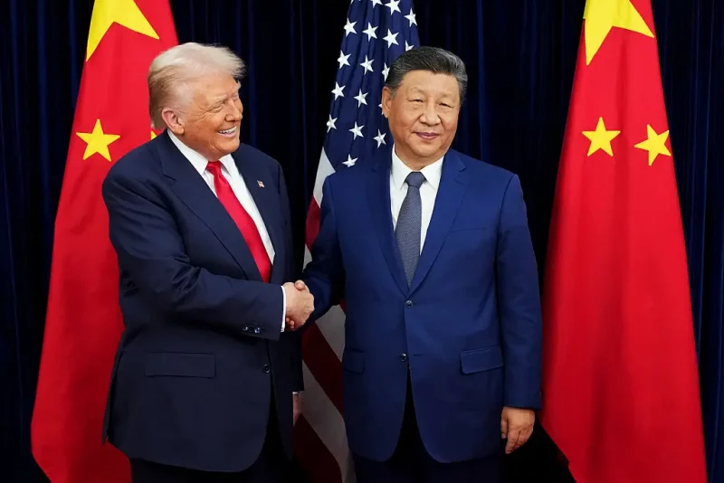 BUSAN, SOUTH KOREA - OCTOBER 30: U.S. President Donald Trump greets Chinese President Xi Jinping ahead of a bilateral meeting at Gimhae Air Base on October 30, 2025 in Busan, South Korea. Trump is meeting Xi for the first time since taking office for his second term, following months of growing tension between both countries. (Photo by Andrew Harnik/Getty Images)