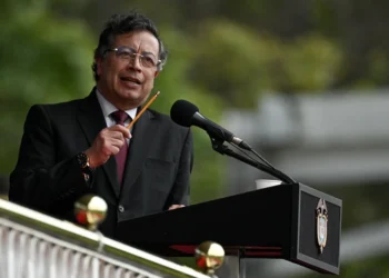 Colombian President Gustavo Petro (C) speaks during the swearing-in of the new National Police Director, General Carlos Triana, at the General Santander Police School in Bogota on February 18, 2025. (Photo by Luis ACOSTA / AFP) (Photo by LUIS ACOSTA/AFP via Getty Images)