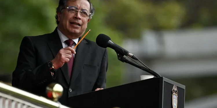 Colombian President Gustavo Petro (C) speaks during the swearing-in of the new National Police Director, General Carlos Triana, at the General Santander Police School in Bogota on February 18, 2025. (Photo by Luis ACOSTA / AFP) (Photo by LUIS ACOSTA/AFP via Getty Images)