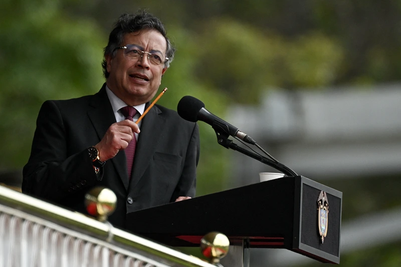 Colombian President Gustavo Petro (C) speaks during the swearing-in of the new National Police Director, General Carlos Triana, at the General Santander Police School in Bogota on February 18, 2025. (Photo by Luis ACOSTA / AFP) (Photo by LUIS ACOSTA/AFP via Getty Images)