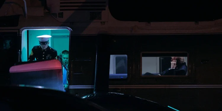 LEESBURG, VIRGINIA - APRIL 24: U.S. President Donald Trump talks on the phone as he waits onboard Marine One to depart the Leesburg Executive Airport after visiting the Trump National Golf Club Washington DC on April 24, 2025 in Leesburg, Virginia. Trump attended a private dinner for 220 people who have purchased the most $TRUMP, a cryptocurrency that he launched three days before taking office in January. (Photo by Chip Somodevilla/Getty Images)