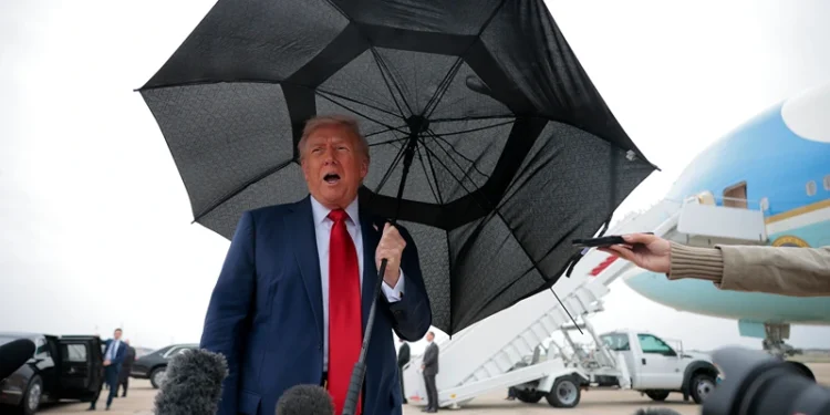 JOINT BASE ANDREWS, MARYLAND - OCTOBER 12: U.S. President Donald Trump speaks to the press before boarding Air Force One for a trip to the Middle East on October 12, 2025 at Joint Base Andrews, Maryland. President Trump will address the Israeli Knesset in Jerusalem on Monday, followed by a "Gaza Peace Summit" in Sharm El-Sheikh, Egypt, after helping broker a ceasefire between Israel and Hamas. (Photo by Chip Somodevilla/Getty Images)