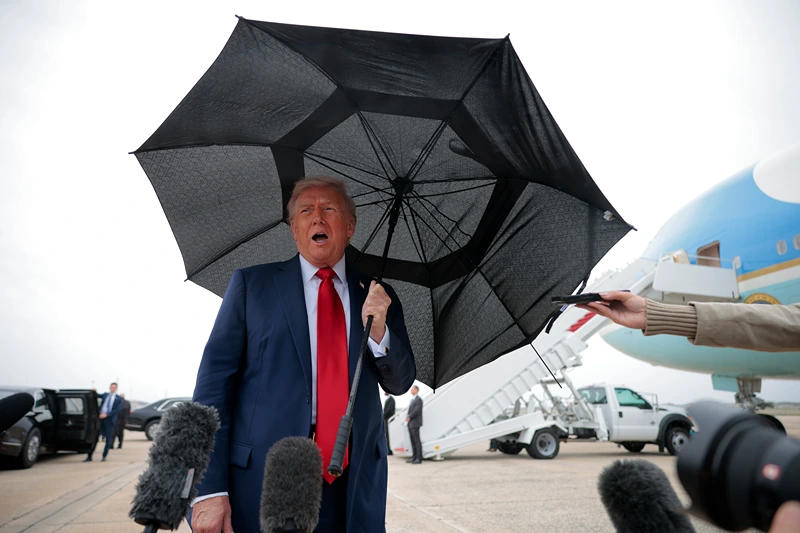 JOINT BASE ANDREWS, MARYLAND - OCTOBER 12: U.S. President Donald Trump speaks to the press before boarding Air Force One for a trip to the Middle East on October 12, 2025 at Joint Base Andrews, Maryland. President Trump will address the Israeli Knesset in Jerusalem on Monday, followed by a "Gaza Peace Summit" in Sharm El-Sheikh, Egypt, after helping broker a ceasefire between Israel and Hamas. (Photo by Chip Somodevilla/Getty Images)