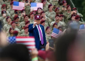 FORT BRAGG, NORTH CAROLINA - JUNE 10: U.S. President Donald Trump pumps his fist to the crowd as he leaves the stage after speaking at a rally with U.S. Army troops on June 10, 2025 at Fort Bragg, North Carolina. Trump is traveling to Fort Bragg Army base to observe a military demonstration and give remarks in honor of the U.S. Army’s 250th anniversary. (Photo by Melissa Sue Gerrits/Getty Images)