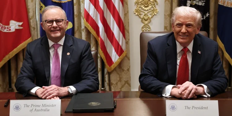 WASHINGTON, DC - OCTOBER 20: Prime Minister of Australia Anthony Albanese (L) and U.S. President Donald Trump speak to reporters after signing a $8.5 billion rare earth minerals agreement during a bilateral meeting in the Cabinet Room of the White House on October 20, 2025 in Washington, DC. Albanese is visiting the U.S. Capital to meet with President Trump and later visit the Pentagon. (Photo by Anna Moneymaker/Getty Images)
