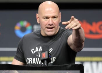 UFC President Dana White calls on people with questions as he promotes a fight between Canelo Alvarez and Terence Crawford in Las Vegas, Nevada, on June 27.