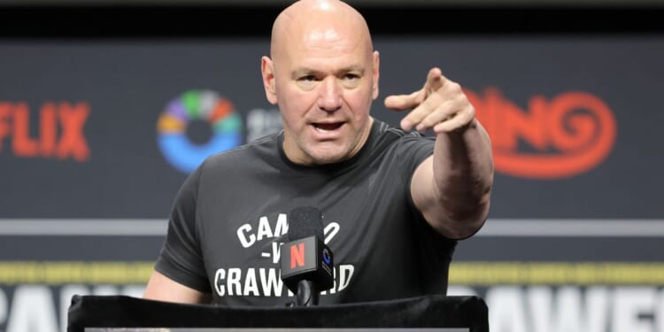 UFC President Dana White calls on people with questions as he promotes a fight between Canelo Alvarez and Terence Crawford in Las Vegas, Nevada, on June 27.
