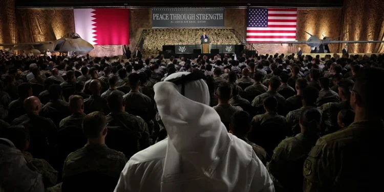 DOHA, QATAR - MAY 15: U.S. President Donald J. Trump delivers remarks at the Al Udeid Air Base to U.S. military personnel and Qatari military personnel on May 15, 2025, in Doha, Qatar. Trump is on the third day of his visit to the Gulf to underscore the strategic partnership between the United States and Qatar, focusing on regional security and economic collaboration. (Photo by Win McNamee/Getty Images)