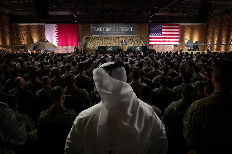 DOHA, QATAR - MAY 15: U.S. President Donald J. Trump delivers remarks at the Al Udeid Air Base to U.S. military personnel and Qatari military personnel on May 15, 2025, in Doha, Qatar. Trump is on the third day of his visit to the Gulf to underscore the strategic partnership between the United States and Qatar, focusing on regional security and economic collaboration. (Photo by Win McNamee/Getty Images)