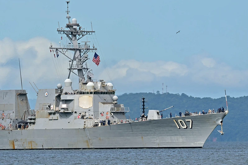The USS Gravely warship arrives in Port of Spain on October 26, 2025. The US warship will visit Trinidad and Tobago for joint exercises near the coast of Venezuela amid Washington