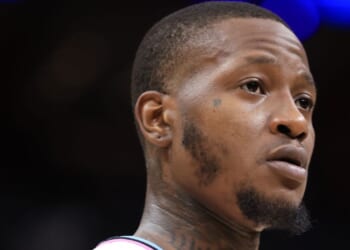 Terry Rozier of the Miami Heat looks on against the Washington Wizards during the second quarter of the game in Miami, Florida, on April 13.