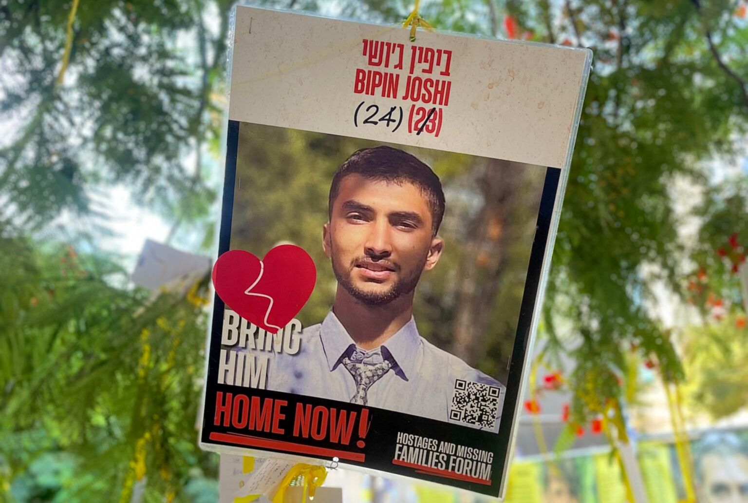 A picture of Bipin Joshi, taken hostage by Hamas on 7 October, in Hostages Square, Tel Aviv.