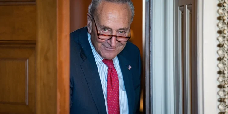 WASHINGTON, DC - JANUARY 17: Senate Majority Leader Chuck Schumer (D-NY) walks out for a news conference following weekly policy luncheons at the U.S. Capitol on January 17, 2024 in Washington, DC. Senate and House leaders are scheduled to meet at the White House with President Biden on the supplemental funding for Ukraine and Israel. (Photo by Kent Nishimura/Getty Images)