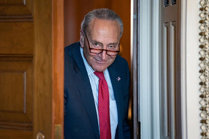 WASHINGTON, DC - JANUARY 17: Senate Majority Leader Chuck Schumer (D-NY) walks out for a news conference following weekly policy luncheons at the U.S. Capitol on January 17, 2024 in Washington, DC. Senate and House leaders are scheduled to meet at the White House with President Biden on the supplemental funding for Ukraine and Israel. (Photo by Kent Nishimura/Getty Images)