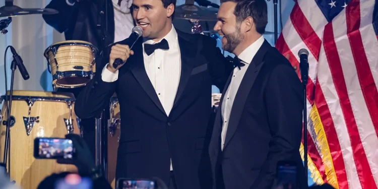 WASHINGTON, DC - JANUARY 19: Charlie Kirk introduces U.S. Vice President-elect JD Vance on stage during the Turning Point USA Inaugural-Eve Ball at the Salamander Hotel on January 19, 2025 in Washington, DC. (Photo by Samuel Corum/Getty Images)