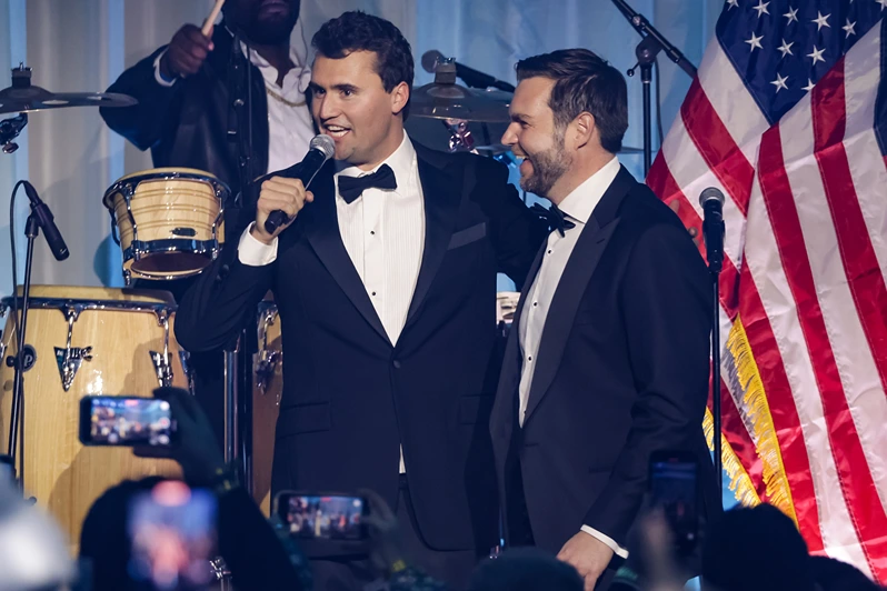 WASHINGTON, DC - JANUARY 19: Charlie Kirk introduces U.S. Vice President-elect JD Vance on stage during the Turning Point USA Inaugural-Eve Ball at the Salamander Hotel on January 19, 2025 in Washington, DC. (Photo by Samuel Corum/Getty Images)