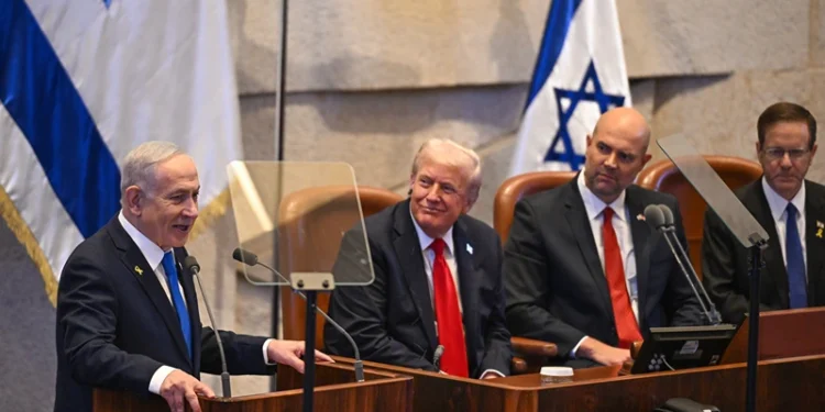JERUSALEM - OCTOBER 13: (L-R) Prime Minister of Israel Benjamin Netanyahu speaks next to US President Donald Trump, Knesset Speaker Amir Ohana and Israel