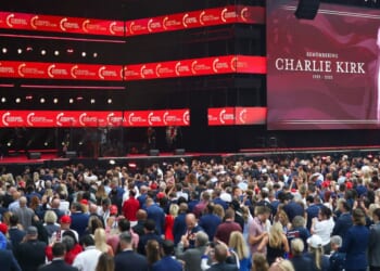 A massive crowd gathers at the memorial service for Christian-conservative icon Charlie Kirk at State Farm Stadium in Glendale, Arizona, on Sept. 21, 2025.