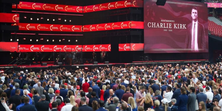 A massive crowd gathers at the memorial service for Christian-conservative icon Charlie Kirk at State Farm Stadium in Glendale, Arizona, on Sept. 21, 2025.