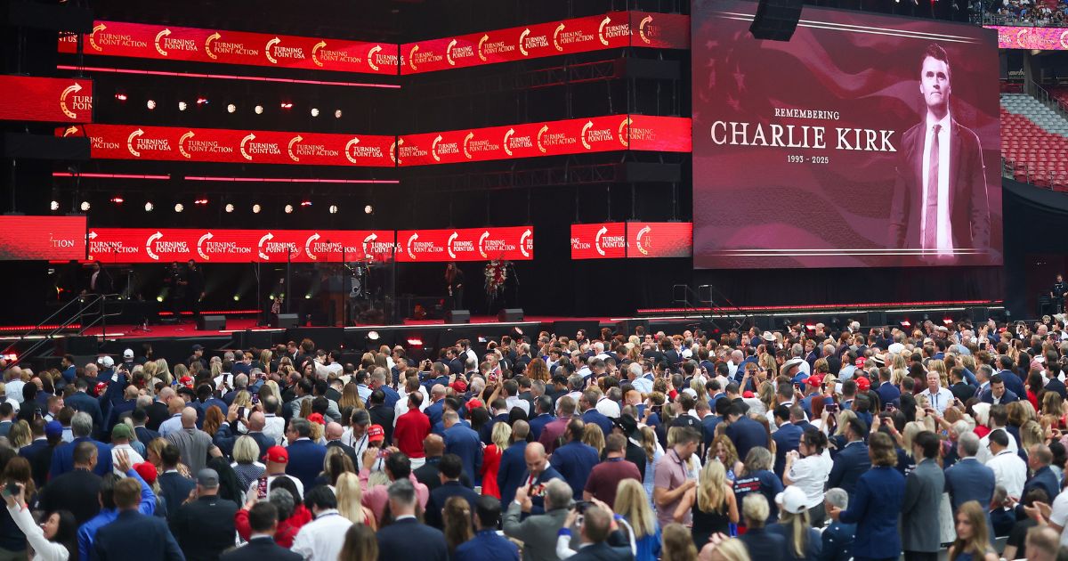 A massive crowd gathers at the memorial service for Christian-conservative icon Charlie Kirk at State Farm Stadium in Glendale, Arizona, on Sept. 21, 2025.