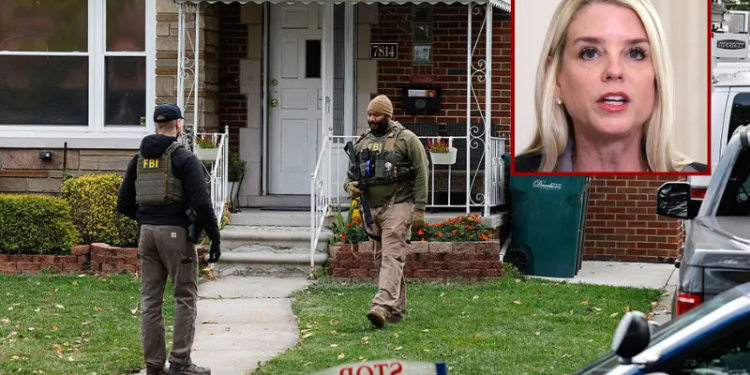 Members of the FBI Joint Terrorism Task Force search a home in Dearborn, Michigan, on October 31, 2025. FBI Director Kash Patel said Friday that the agency had thwarted a "potential terrorist attack" planned in the northern state of Michigan over Halloween weekend. Patel said the FBI arrested multiple subjects. (Photo by JEFF KOWALSKY / AFP) (Photo by JEFF KOWALSKY/AFP via Getty Images) / U.S. Attorney General Pam Bondi delivers remarks as U.S. President Donald Trump delivers an announcement on his Homeland Security Task Force in the State Dining Room of the White House on October 23, 2025 in Washington, DC. Trump announced the successes of his administration’s task force including the arrests of over 3,000 cartel and foreign terrorist members. (Photo by Alex Wong/Getty Images)