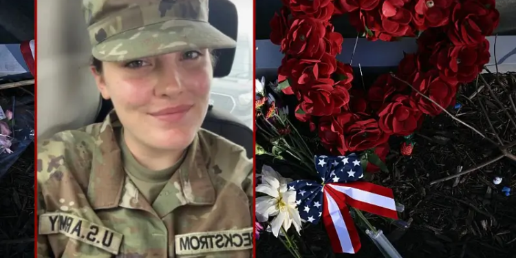 A makeshift memorial has been set up in honor of the two National Guard service members shot near the Farragut West Metro Station in Washington, DC on November 28, 2025, two days after a shooting killed one National Guard member and critically wounded another. Two National Guard troops were shot on November 26 near the White House in what authorities described as a targeted attack by an Afghan migrant who had previously worked with the US military in Afghanistan, a case now being treated as a terrorism investigation, after President Donald Trump said on November 27 that one of the soldiers, Sarah Beckstrom, had died and the other was fighting for his life. (Photo by Brendan SMIALOWSKI / AFP via Getty Images) / U.S. Army Specialist Sarah Beckstrom (Department of Justice)