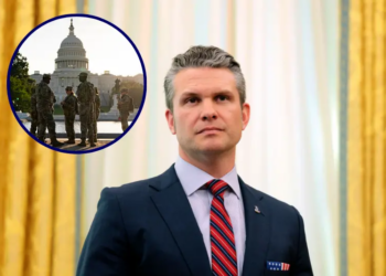 U.S. Secretary of Defense Peter Hegseth listens as U.S. President Donald Trump delivers remarks in the Oval Office of the White House on March 21, 2025 in Washington, DC. Trump announced the Next Generation of Air Dominance (NGDA) program, the F-47, the sixth-generation high-tech Air Force fighter to succeed the F-22 Raptor. (Photo by Anna Moneymaker/Getty Images) // Members of the National Guard patrol near the U.S. Capitol on October 1, 2025 in Washington, DC. Congress could not agree on a budget to fund the government at midnight, causing the first shutdown since 2018. (Photo by Al Drago/Getty Images)