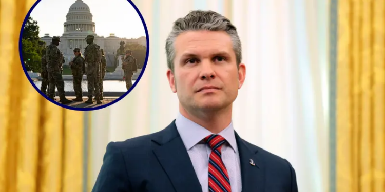 U.S. Secretary of Defense Peter Hegseth listens as U.S. President Donald Trump delivers remarks in the Oval Office of the White House on March 21, 2025 in Washington, DC. Trump announced the Next Generation of Air Dominance (NGDA) program, the F-47, the sixth-generation high-tech Air Force fighter to succeed the F-22 Raptor. (Photo by Anna Moneymaker/Getty Images) // Members of the National Guard patrol near the U.S. Capitol on October 1, 2025 in Washington, DC. Congress could not agree on a budget to fund the government at midnight, causing the first shutdown since 2018. (Photo by Al Drago/Getty Images)