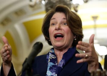 Sen. Amy Klobuchar speaks to reporters after the Democratic Senate Policy Luncheon at the US Capitol on Oct. 7, 2025, in Washington, DC.