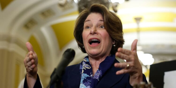 Sen. Amy Klobuchar speaks to reporters after the Democratic Senate Policy Luncheon at the US Capitol on Oct. 7, 2025, in Washington, DC.