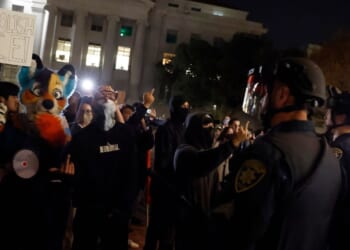 Protesters clash with police at the University of California, Berkeley on Nov. 10, 2025 in Berkeley, California.