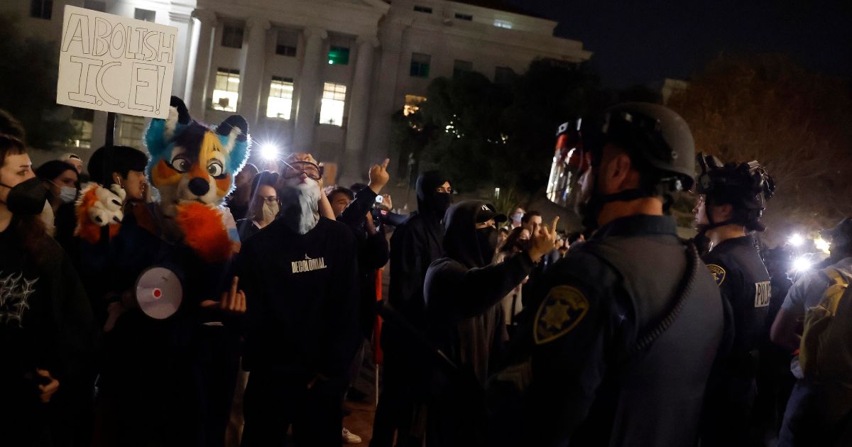 Protesters clash with police at the University of California, Berkeley on Nov. 10, 2025 in Berkeley, California.