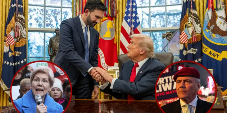 US President Donald Trump (R) shakes hands with New York Mayor-elect Zohran Mamdani as they meet in the Oval Office of the White House in Washington, DC, on November 21, 2025. (Photo by Jim WATSON / AFP via Getty Images) / Sen. Elizabeth Warren (D-MA) speaks as Congressional Democrats and CFPB workers hold a rally to protest the closing of the Consumer Financial Protection Bureau (CFPB) and the work-from-home order issued by CFPB Director Russell Vought outside its headquarters on February 10, 2025 in Washington, DC. (Photo by Jemal Countess/Getty Images for MoveOn) / Republican candidate for mayor of New York City, Curtis Sliwa, campaigns on November 2, 2025 in the Manhattan borough in New York City. A few days before the mayoral election, Sliwa is trailing behind Democrat running as independent candidate, former New York Gov. Andrew Cuomo and Democratic candidate Zohran Mamdani. (Photo by Stephanie Keith/Getty Images)