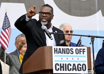 Brandon Johnson, Mayor of Chicago, speaks onstage as people protest as part of the No Kings Rallies on October 18, 2025 in Chicago, Illinois.