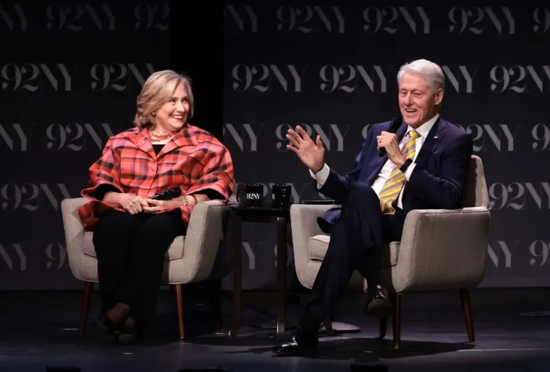 NEW YORK, NEW YORK - MAY 04: (L-R) Secretary Hillary Rodham Clinton and President Bill Clinton speak onstage during In Conversation with David Rubenstein at The 92nd Street Y, New York on May 04, 2023 in New York City. (Photo by Jamie McCarthy/Getty Images)