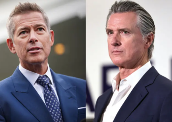 U.S. Transportation Secretary Sean Duffy and U.S. Vice President JD Vance speak to reporters outside the White House on October 30, 2025 in Washington, D.C. Vance spoke following a roundtable discussion with members of the aviation industry and Transportation Secretary Sean Duffy on the impacts of the government shutdown. (Photo by Kevin Dietsch/Getty Images) / California Governor Gavin Newsom looks on before he speaks at Belvedere Middle School before signing legislation aimed at improving kids