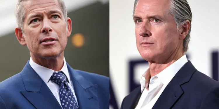 U.S. Transportation Secretary Sean Duffy and U.S. Vice President JD Vance speak to reporters outside the White House on October 30, 2025 in Washington, D.C. Vance spoke following a roundtable discussion with members of the aviation industry and Transportation Secretary Sean Duffy on the impacts of the government shutdown. (Photo by Kevin Dietsch/Getty Images) / California Governor Gavin Newsom looks on before he speaks at Belvedere Middle School before signing legislation aimed at improving kids