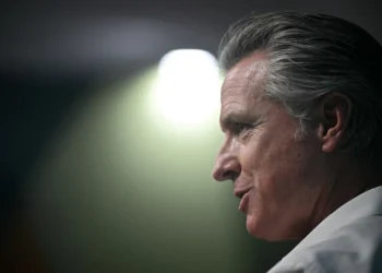 The Governor of California Gavin Newsom delivers a speech at Germany