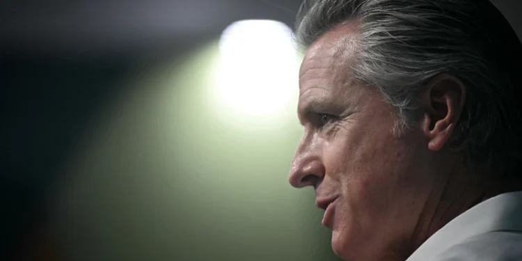 The Governor of California Gavin Newsom delivers a speech at Germany