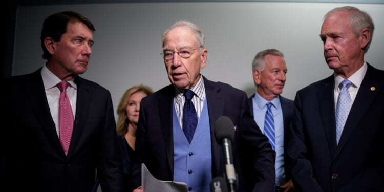 Senate Judiciary Committee Chairman Sen. Chuck Grassley speaks to reporters on Capitol Hill on Oct. 6, 2025, in Washington, D.C.