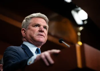 Rep. Michael McCaul (R-TX) speaks during a press conference with other Republican Senators and Representatives, demanding a trial of Secretary of Homeland Security Alejandro Mayorkas following delivery of articles of impeachment to the Senate, Washington, DC, April 16, 2024. (Photo by Allison Bailey / Middle East Images / Middle East Images via AFP) (Photo by ALLISON BAILEY/Middle East Images/AFP via Getty Images)