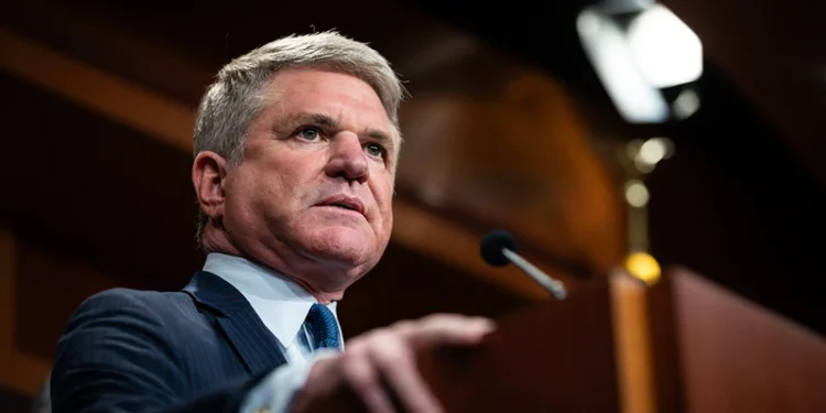 Rep. Michael McCaul (R-TX) speaks during a press conference with other Republican Senators and Representatives, demanding a trial of Secretary of Homeland Security Alejandro Mayorkas following delivery of articles of impeachment to the Senate, Washington, DC, April 16, 2024. (Photo by Allison Bailey / Middle East Images / Middle East Images via AFP) (Photo by ALLISON BAILEY/Middle East Images/AFP via Getty Images)