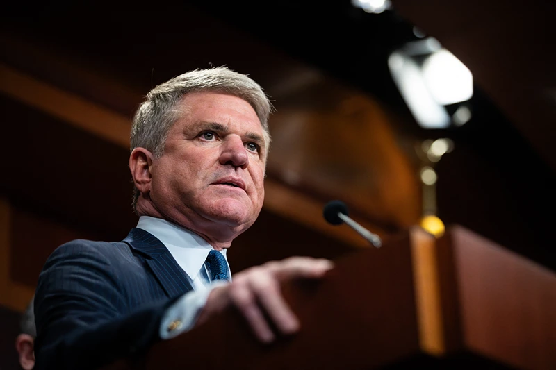 Rep. Michael McCaul (R-TX) speaks during a press conference with other Republican Senators and Representatives, demanding a trial of Secretary of Homeland Security Alejandro Mayorkas following delivery of articles of impeachment to the Senate, Washington, DC, April 16, 2024. (Photo by Allison Bailey / Middle East Images / Middle East Images via AFP) (Photo by ALLISON BAILEY/Middle East Images/AFP via Getty Images)