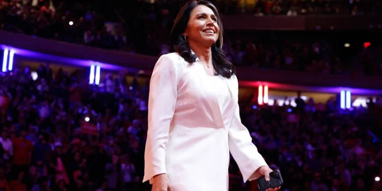 NEW YORK, NEW YORK - OCTOBER 27: Former U.S. Representative from Hawaii Tulsi Gabbard arrives to speak before Republican presidential nominee, former U.S. President Donald Trump takes the stage at the campaign rally at Madison Square Garden on October 27, 2024 in New York City. Trump closed out his weekend of campaigning in New York City with a guest list of speakers that includes his running mate Republican vice presidential nominee, U.S. Sen. J.D. Vance (R-OH), Tesla CEO Elon Musk, UFC CEO Dana White, and House Speaker Mike Johnson (R-LA), among others, nine days before Election Day. (Photo by Anna Moneymaker/Getty Images)