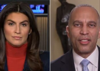 CNN's Kaitlan Collins, left, pressed House Minority Leader Hakeem Jeffries, a New York Democrat, to answer her question.