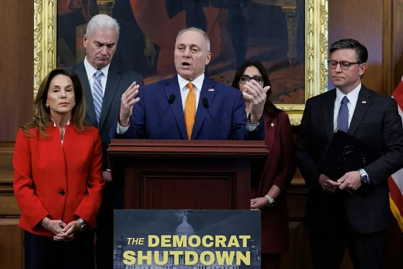 WASHINGTON, DC - NOVEMBER 4: House Majority Leader Steve Scalise (R-LA) speaks alongside Republican House leadership during a news conference on November 4, 2025 on Capitol Hill in Washington, DC. Republican congressional leadership spoke as the U.S. Government shutdown reached day 35. (Photo by Tom Brenner/Getty Images)